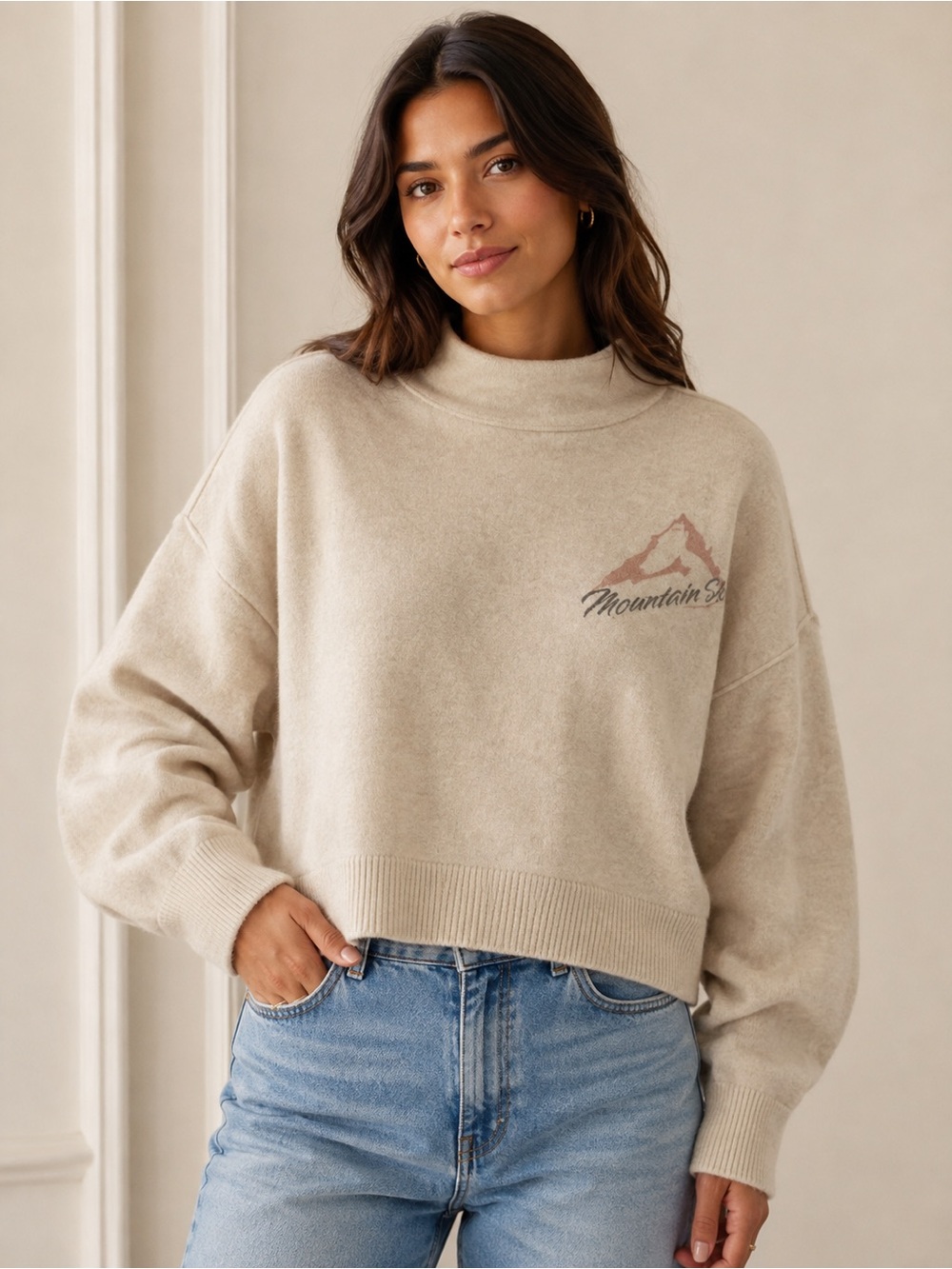 Pilcro Cream Mock Neck Sweater with Mountain Logo